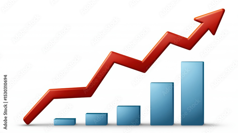 Poster a 3d bar chart with ascending blue bars and a red upward zigzag arrow indicating growth or progress.