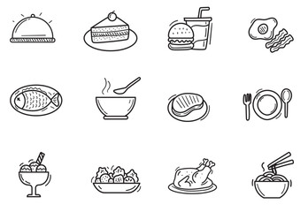 Set of foods and culinary icon in cute doodle style 