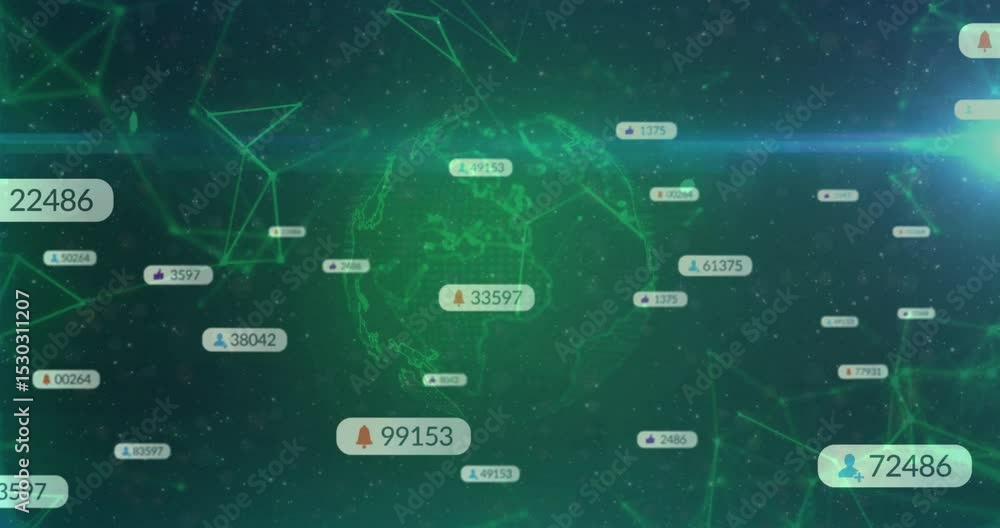 Poster green globe materializing rotating with numeric tags orbiting and fading and showing global network