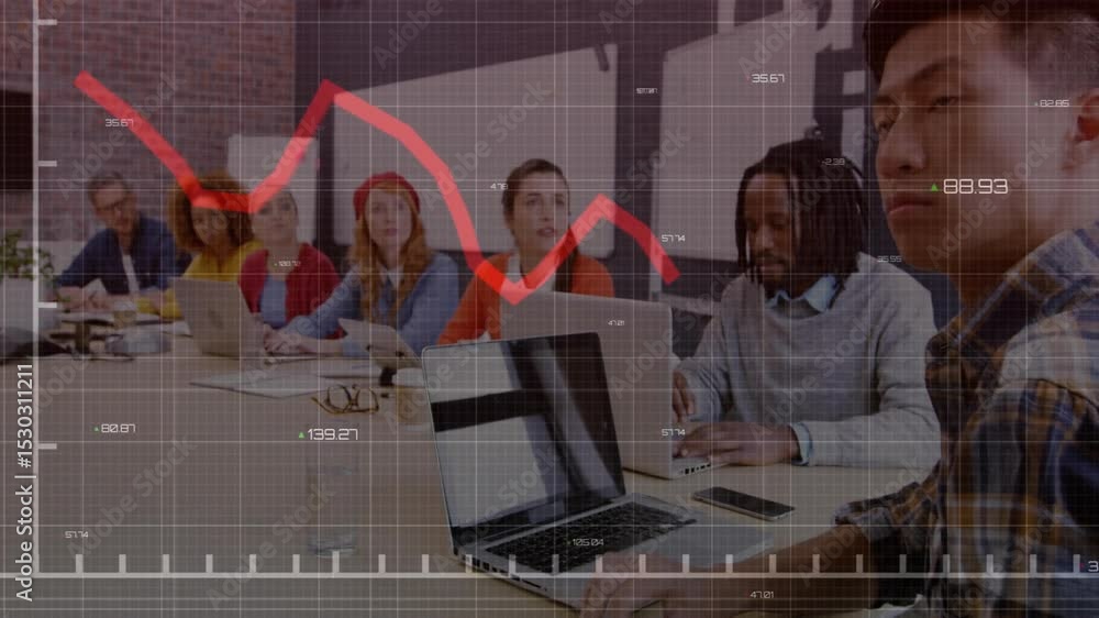 Aufkleber red line chart appearing while presenter walking past meeting table and colleagues viewing graphs