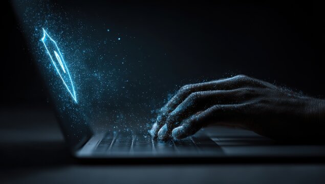 A person types on a laptop, with a glowing, digital graphic emerging from the screen