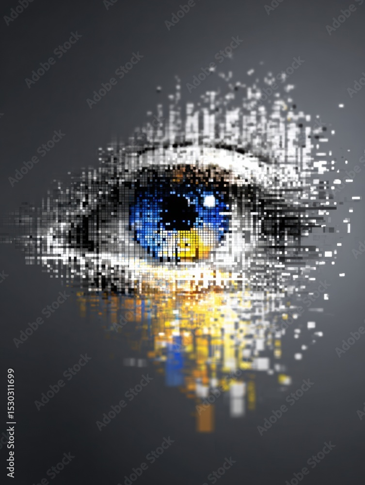 Aufkleber pixelated eye icon transforming into a sharp symbol symbolizes digital recovery in a futuristic desi