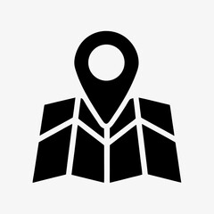 Obraz premium Map location icon, black GPS pin and folded map symbol on white background, navigation and direction concept illustration