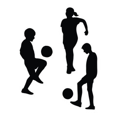 Kids playing football silhouette set. Black silhouettes of kids dribbling and controlling a soccer ball. Great for school sports designs, activity books, and youth club branding. Vector illustration