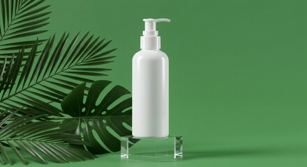 Minimalist skincare product mockup on a green background with tropical leaves and a transparent acrylic stand, modern and natural aesthetic