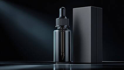 Dark glass dropper bottle with box on dark background