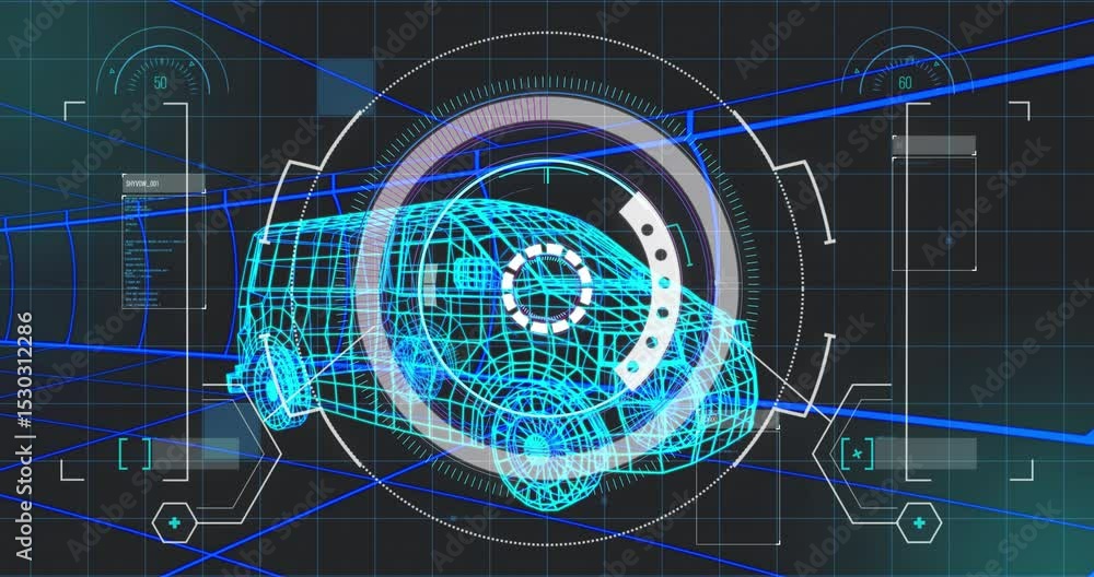 Poster van wireframe appearing with hud assembling gauges, panels updating values during diagnostic scan