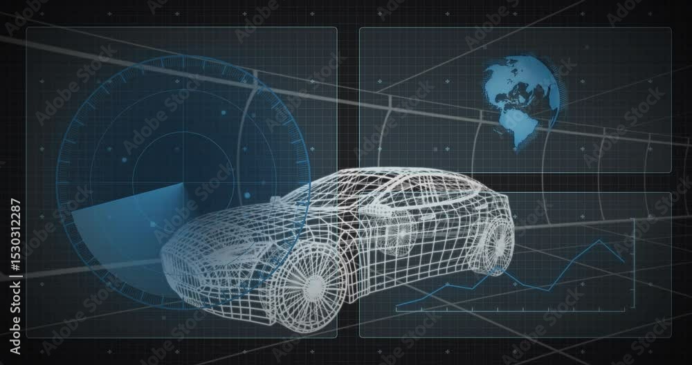 Poster radar initiating sweep around wireframe sedan as rotating globe mapping sensor data for simulation