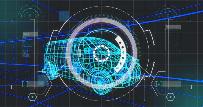 Van wireframe appearing with HUD assembling gauges, panels updating values during diagnostic scan