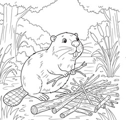 Obraz premium Beaver animals line art and outline coloring pages 