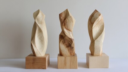 Three abstract wood sculptures, spiraling forms on small bases