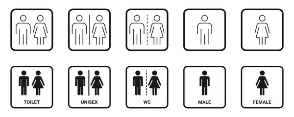 WC sign set icons. Restroom or bathroom for man and woman to peeing. Man and woman icons set. male and female sign and symbol.