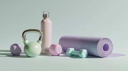 Pastel Fitness Essentials Yoga Mat, Kettlebell, Dumbbells, and Water Bottle