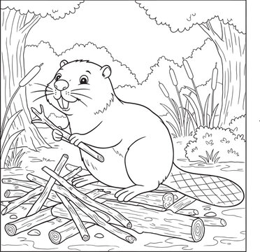 Beaver animals line art and outline coloring pages 