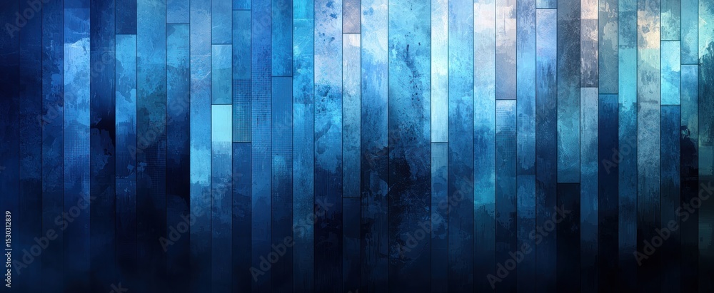 Poster abstract artwork featuring vertical, rectangular shapes in varying shades of blue, creating a textur