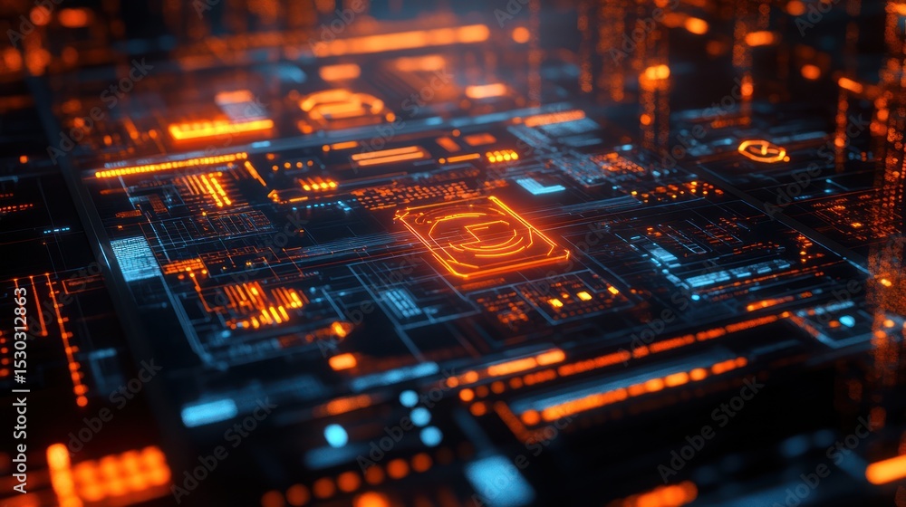 Poster abstract circuit board with glowing components