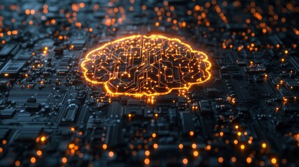 Abstract brain on circuit board; futuristic technology; AI concept; visual metaphor