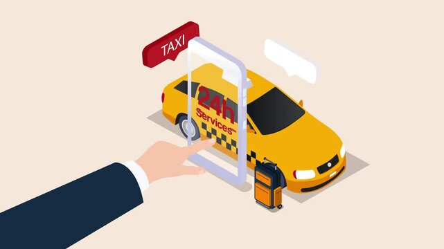 Online Taxi Booking Service &ndash; Isometric Smartphone and 24h Cab 3d animation cartoon