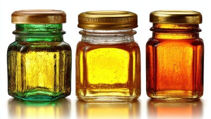 Three small, square glass jars of honey, different colors