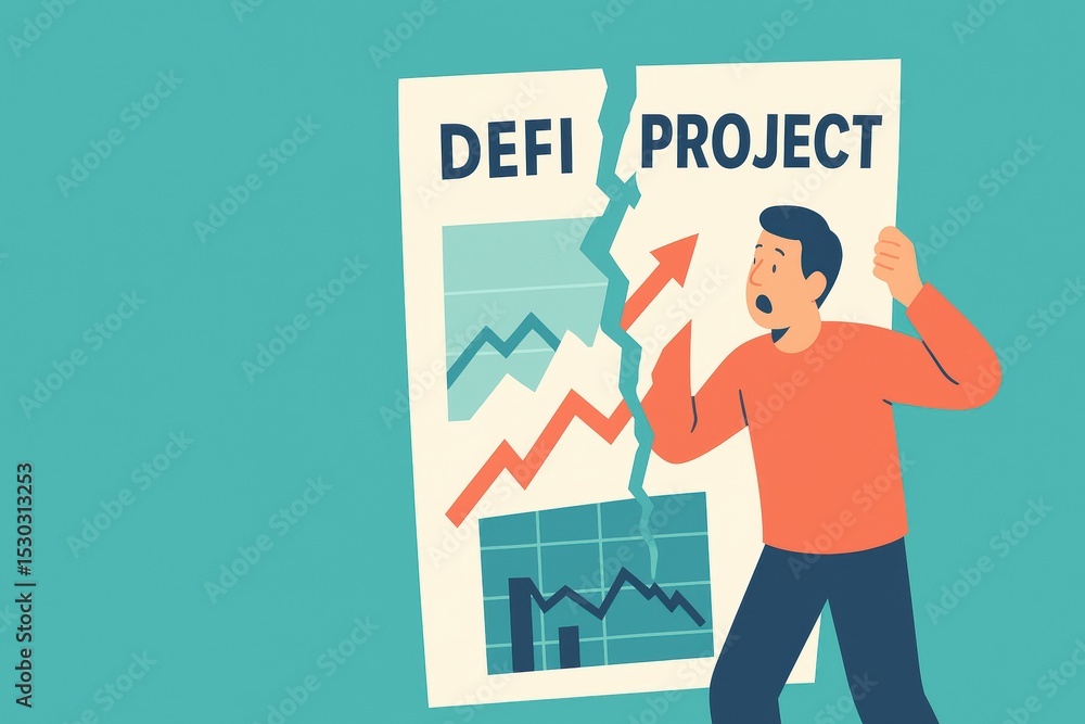 Poster man reacts to defi project performance report with graphs on a turquoise background