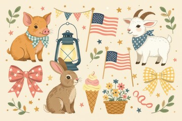 Cute vintage-style illustration featuring a pig, rabbit, goat, American flags, lantern, bows, ice cream, and floral elements with a festive, rustic theme.