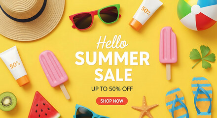 Hello summer sale, showcasing a vibrant array of summery items. The image, designed to capture the essence of sunny days and leisure.