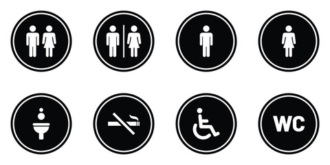Toilet icons set. Men and women restroom icon. Bathroom for men, women and handicap. Collection of restroom signs. Toilet for male, female. Vector illustration