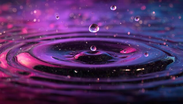 Vibrant water droplets create ripples in a vibrant purple and pink liquid