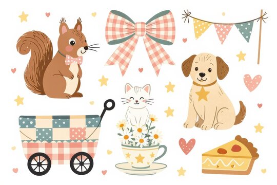 Cute cartoon animals, bow, bunting, teacup, and pie in pastel colors with hearts and stars, creating a playful and cozy vibe.