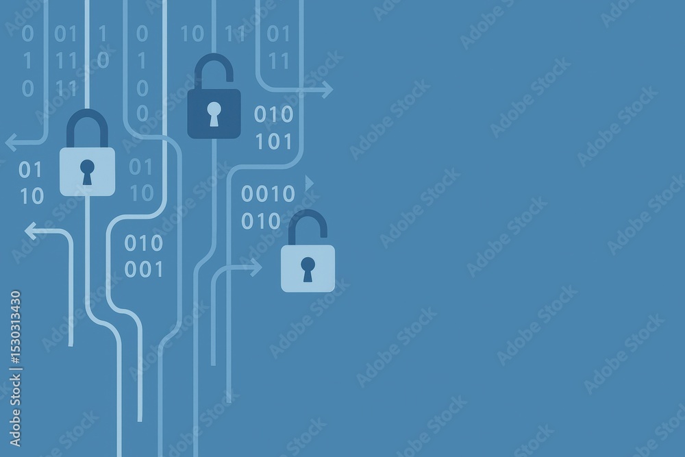 Poster digital lock symbols over binary code background in blue tones for security and technology themes