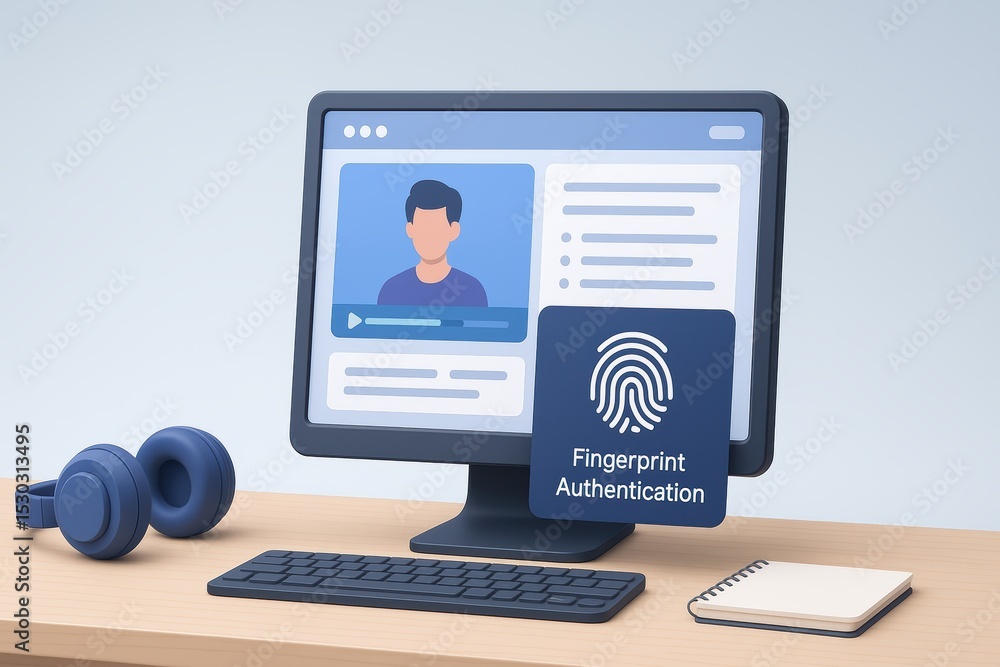 Poster modern desktop setup featuring fingerprint authentication technology on computer screen