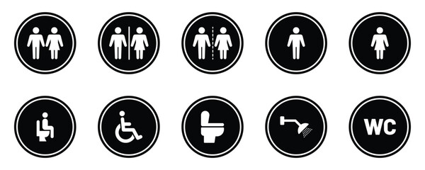 Toilet icons set. Men and women restroom icon. Bathroom for men, women and handicap. Collection of restroom signs. Toilet for male, female. Vector illustration