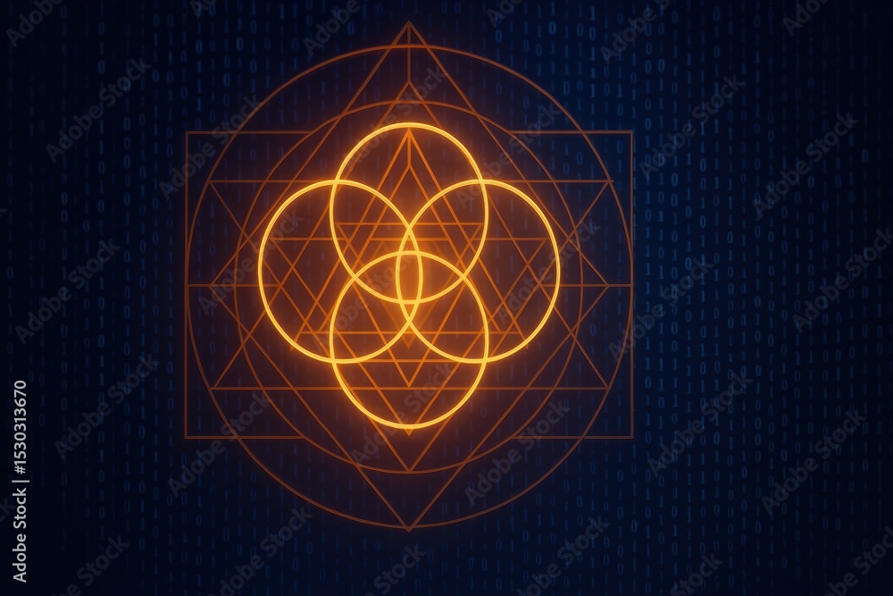 Poster illuminated geometric design with circular patterns on abstract digital background