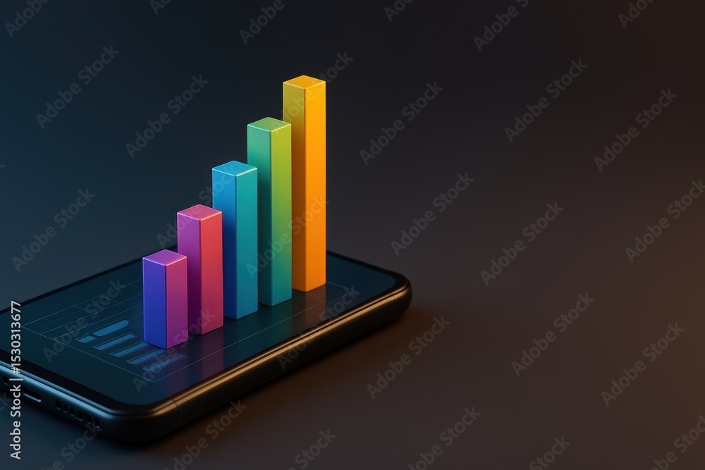 Poster colorful bar graph displayed on smartphone screen showing growth and data analysis in dark setting