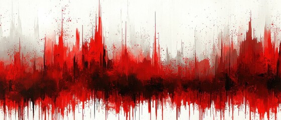 Abstract cityscape in shades of red and black, with a dripping effect at the base, set against a white background, conveying a sense of urban decay or energy