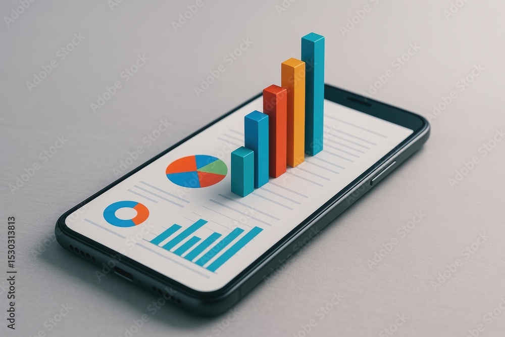 Poster modern smartphone displaying colorful 3d graphs and charts on a gray surface