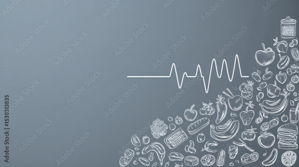 Poster healthy food icons connected by pulse line illustrating nutritions impact on well-being in a minimal
