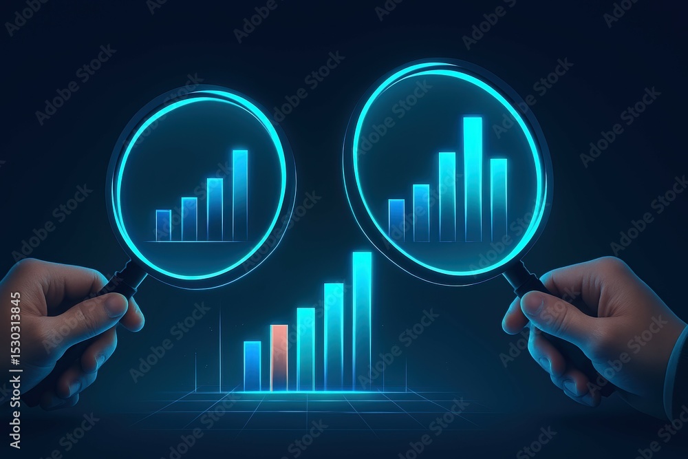 Aufkleber hands holding magnifying glasses over bright data graphs in dark background for analysis