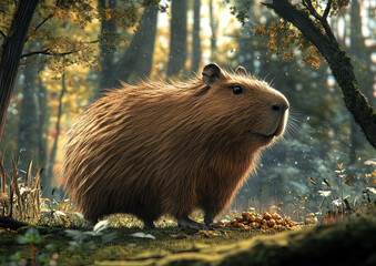 a capybara looking for food in a forest background