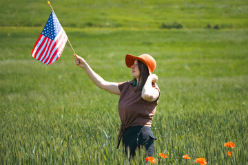 Woman with USA flag.