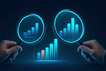 Hands Holding Magnifying Glasses Over Bright Data Graphs in Dark Background for Analysis