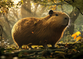 a capybara looking for food in a forest background