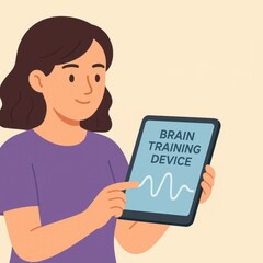 Young Woman Engaged with Modern Brain Training Device While Sitting Comfortably Indoors