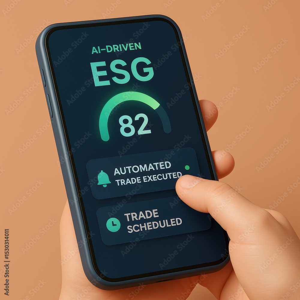 Aufkleber ai-driven esg score display on smartphone with automated trade and scheduled action interface