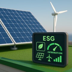 Solar Panels and Wind Turbine with ESG Integration Display for Sustainable Energy Solutions