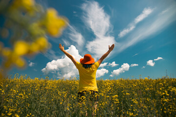Trendy woman with stylish hat feeling free in the field with flowers
