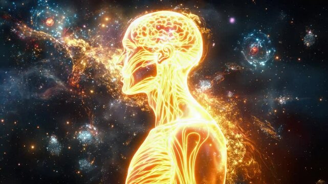 Mind and Universe: An evocative depiction of the human mind expanding, its ethereal form merging with the vastness of the cosmos, representing thoughts, intelligence, and understanding.