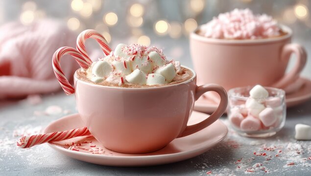 Pink mugs of hot chocolate topped with marshmallows and candy canes