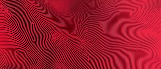 Abstract crimson artwork featuring undulating, parallel lines creating a sense of depth and movement.  The lines vary in thickness, creating a textured effect