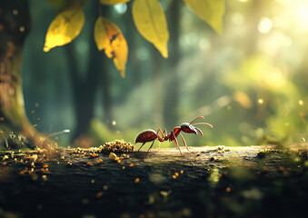  an ant carrying food on a forest background
